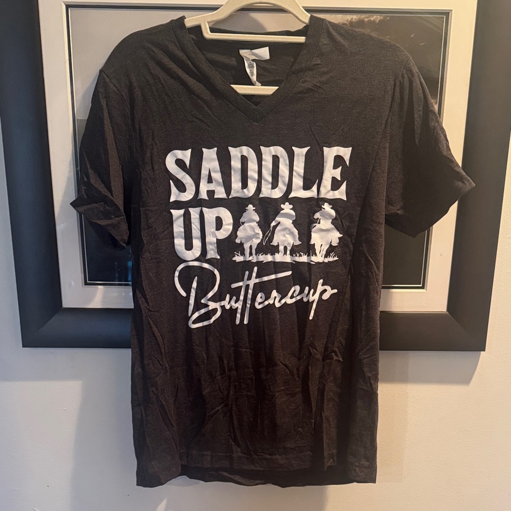 Bella Canvas Heather gray Saddle Up Buttercup Tee, NEW